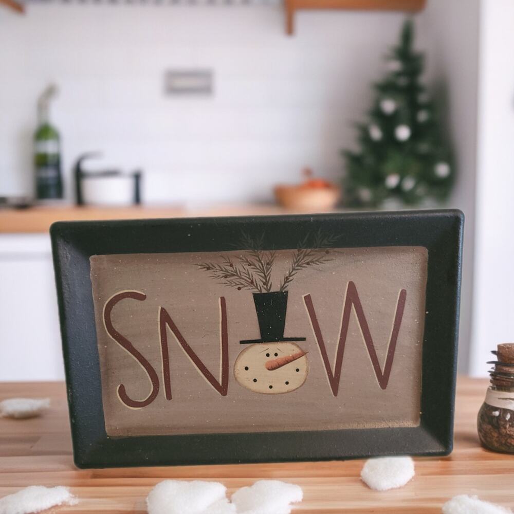Barbara Lloyd Snowman SNOW Plate Winter Christmas Decor Rustic Holiday Sign
